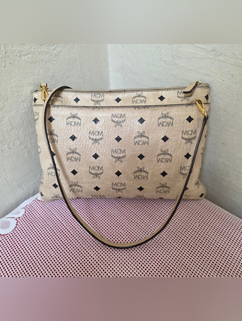 MCM Cream Monogram Medium Crossbody Bag AUTHENTIC